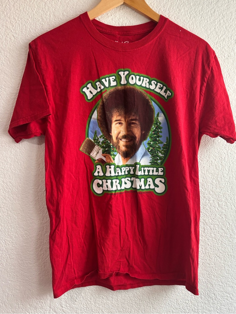 Bob Ross Have Yourself a Happy Little Christmas Red Graphic Tee Holiday Medium